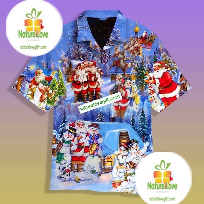 Santa And Snowman Party Blue Big And Tall Hawaiian Shirts