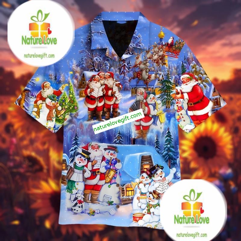 Santa And Snowman Party Blue Big And Tall Hawaiian Shirts