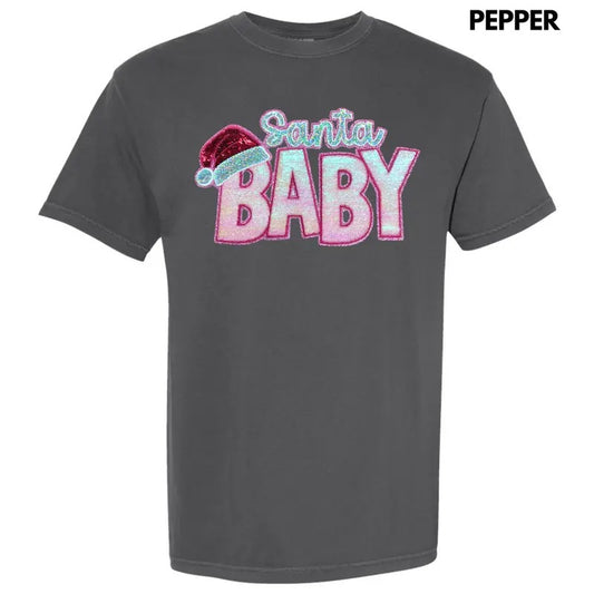 Santa Baby Pink Sequin Patch Comfort Colors T-Shirt Hoodie, Sweatshirt | InkThreadWorks.com