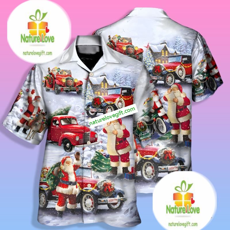 Santa Claus And Red Truck Blue Best Hawaiian Shirts