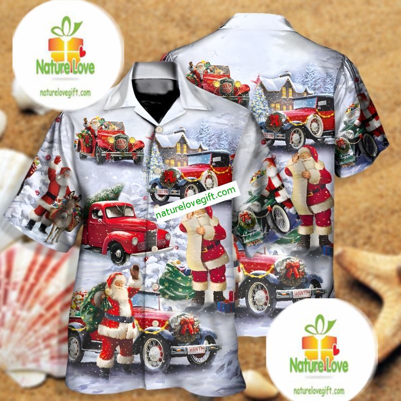 Santa Claus And Red Truck Blue Best Hawaiian Shirts