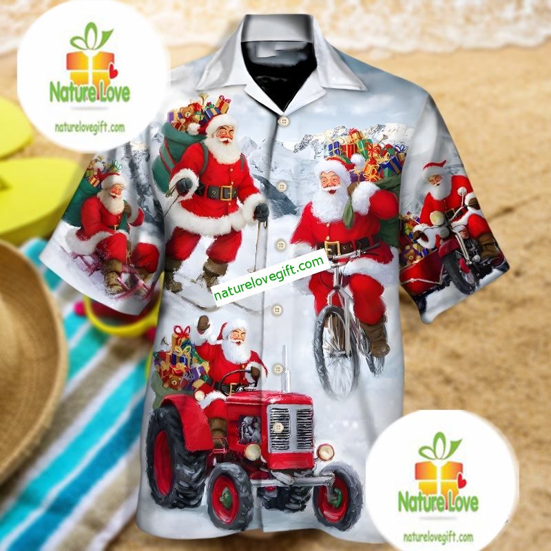 Santa Claus Bring Gift With Bike Grey Hawaiian Shirt Dress