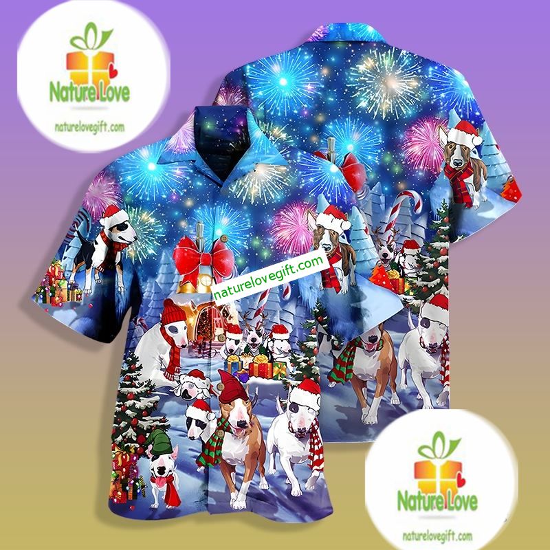 Santa Claus Bully Dog Mom Dad Blue 80S Hawaiian Shirt