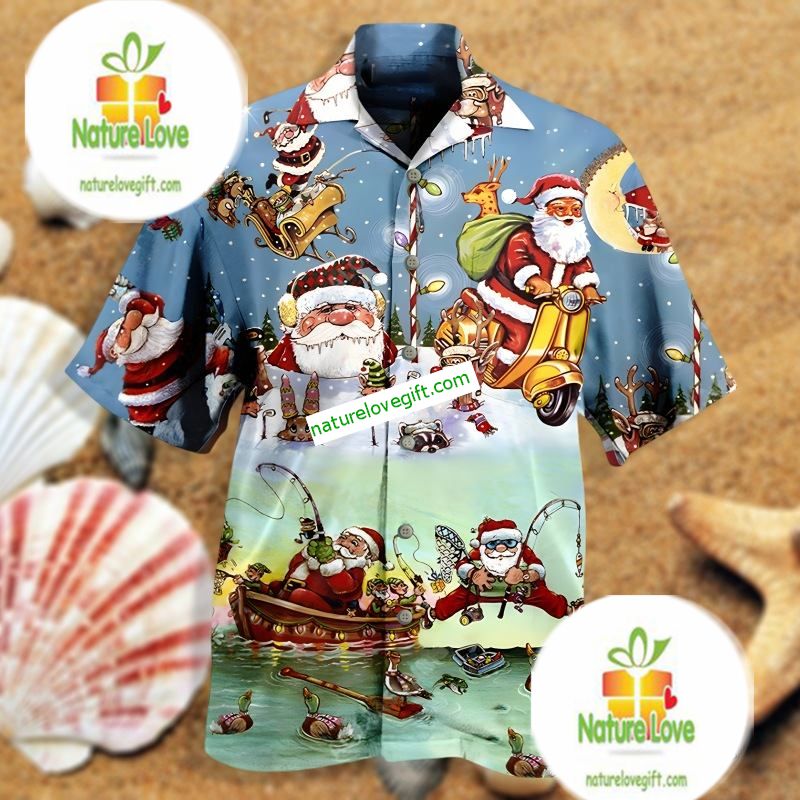 Santa Claus Go Fishing Blue Fancy Hawaiian Shirts