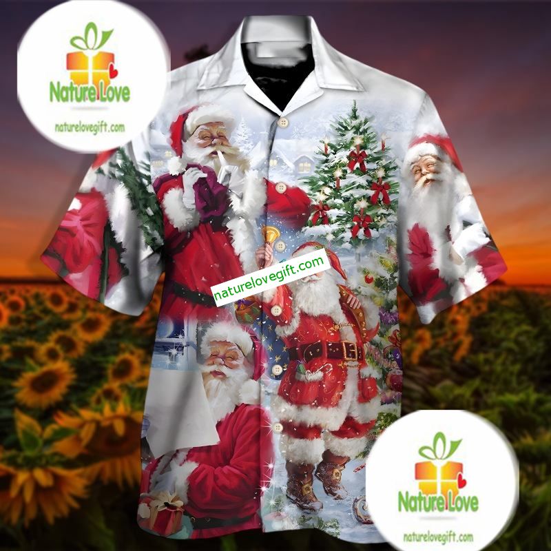 Santa Claus Holding Christmas Bells Grey Cotton Hawaiian Shirts