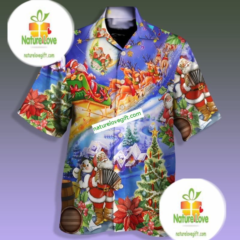 Santa Claus Plays Musical Instruments Blue Cheap Hawaiian Shirts