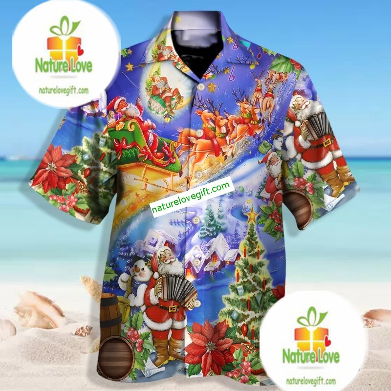 Santa Claus Plays Musical Instruments Blue Cheap Hawaiian Shirts