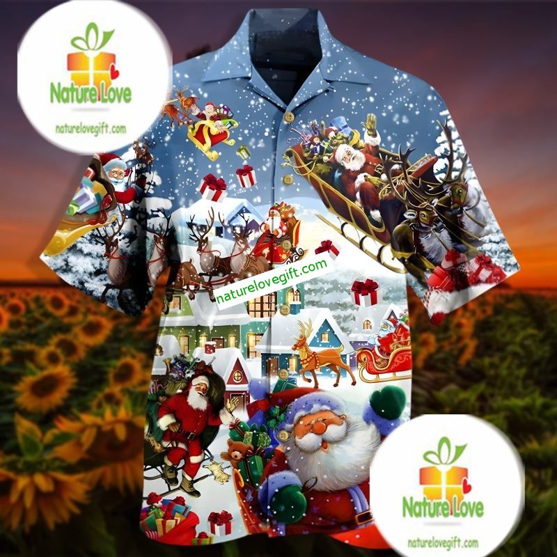 Santa Claus Sits On A Reindeer Sleigh Blue Hawaiian Shirt Outfit
