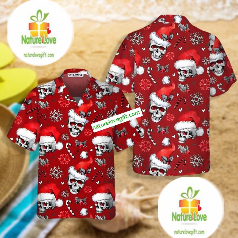 Santa Claus Skulls With Candy Canes Red Hawaiian Shirts Nearby