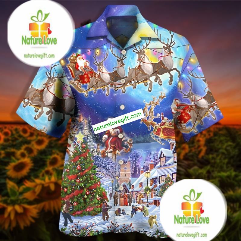 Santa Claus Snow Night Blue Retro Hawaiian Shirts
