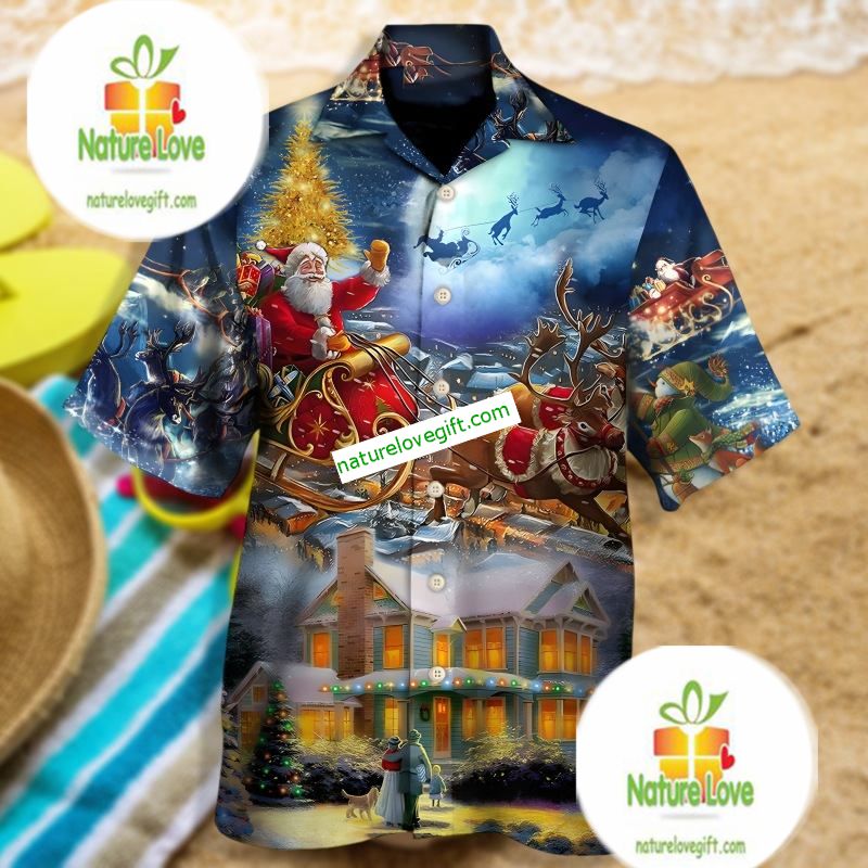 Santa Claus Snowman Night Blue Matching Hawaiian Shirts