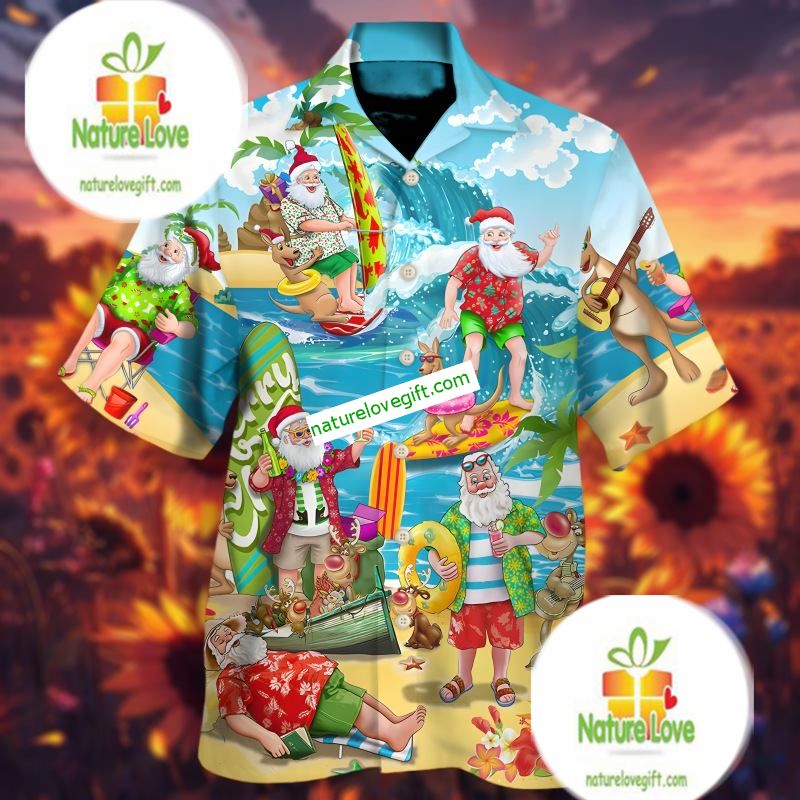 Santa Claus Surfing Christmas In July Blue Summer Hawaiian Shirts