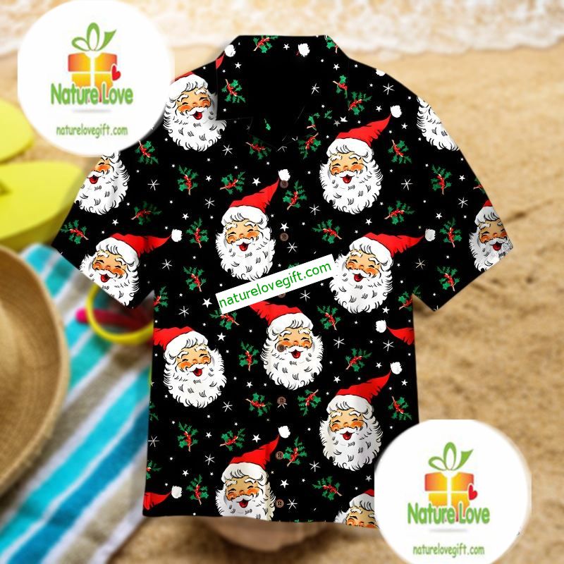Santa Holly Snow Flakes Black Luxury Hawaiian Shirts