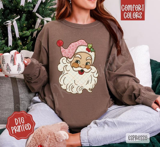 Santa Patch Comfort Colors Long Sleeve T-Shirt, Cute Women's Christmas Tee Hoodie, Sweatshirt | InkThreadWorks.com