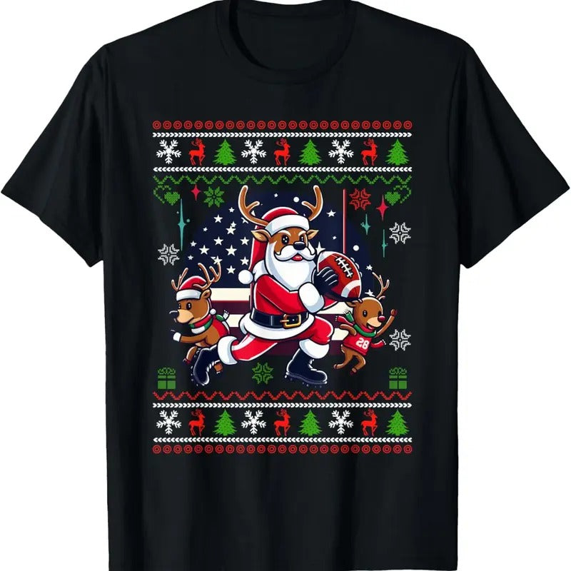 Santa Reindeer Play American Football Ugly Christmas Sweater T-Shirt
