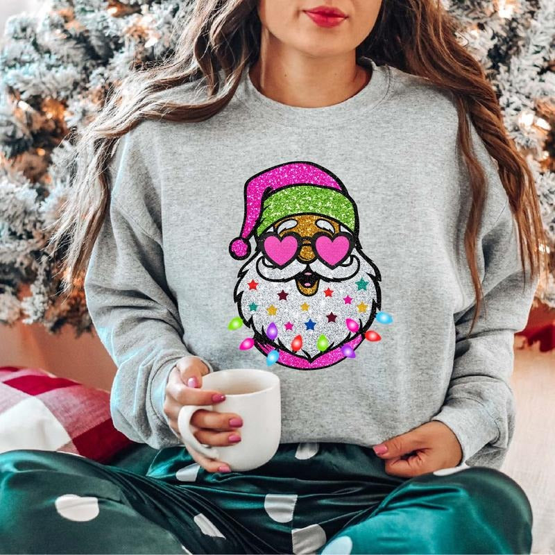 Santa With Sunglasses Sweatshirt, Trendy Pink Santa Christmas Sweater, Christmas Lights Hoodie For Woman, Cute Xmas Gift...