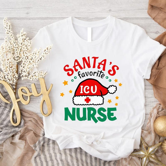 Santa's Favorite ICU Nurse Shirt, Intensive Care Unit Nurse Christmas T-Shirt, Favorite Nurse Gift Tee, Matching ICU...