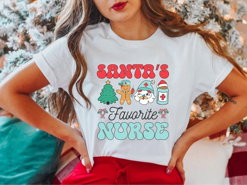 Santa's Favorite Nurse T-Shirt, Nurse Christmas Shirt, Nurse Holiday Gifts Tee, Christmas Tree Tee, Christmas Party...