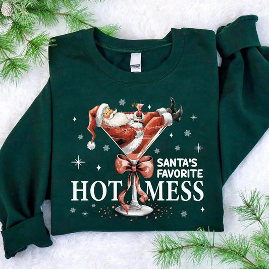 Santa's Hot Mess Sweatshirt, Christmas Martini Sweater, Coquette Christmas Drink Shirt, Espresso Martini Hoodie Cotton Crewneck
