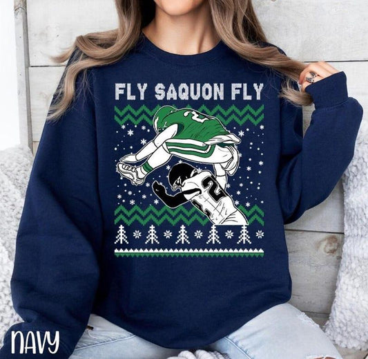 Saquon Barkley Jump Ugly Christmas Crewneck Sweatshirt, Merry Christmas Football T-Shirts, Hoodie | InkThreadWorks.com