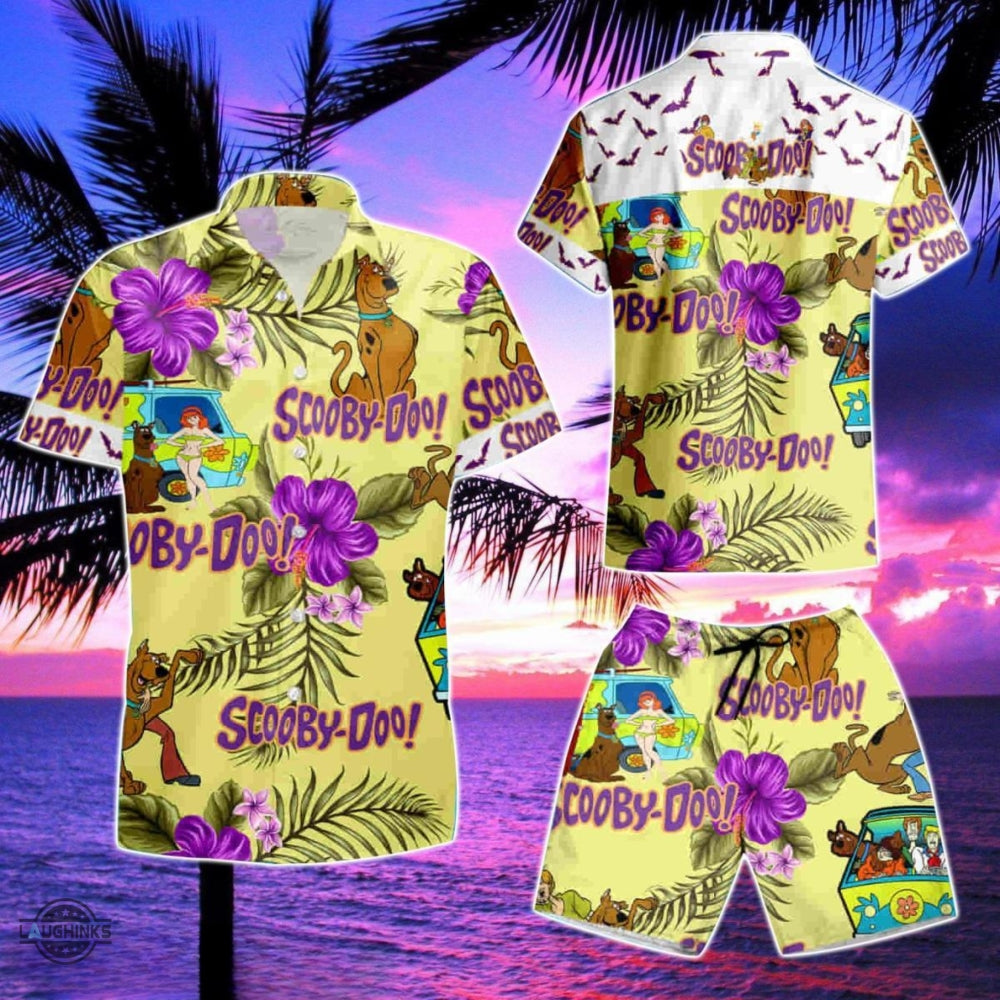 Scooby Doo Hawaiian Shirt And Shorts Purple Hibiscus Scooby Doo On Hippie Camper Van Aloha Summer Beach Button Up Shirts Shaggy Rogers Costume Gift