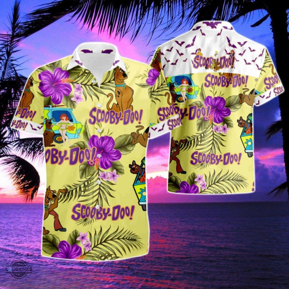 Scooby Doo Hawaiian Shirt And Shorts Purple Hibiscus Scooby Doo On Hippie Camper Van Aloha Summer Beach Button Up Shirts Shaggy Rogers Costume Gift