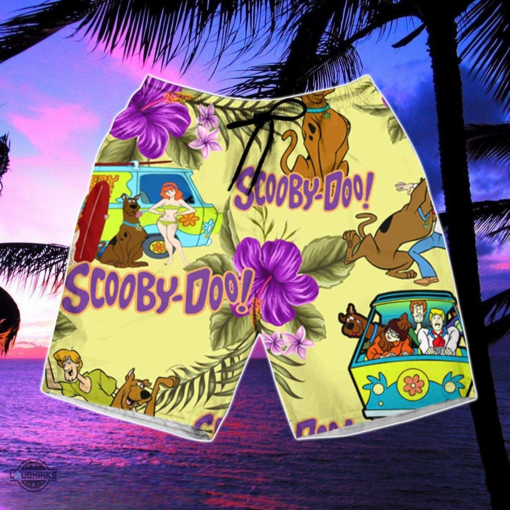 Scooby Doo Hawaiian Shirt And Shorts Purple Hibiscus Scooby Doo On Hippie Camper Van Aloha Summer Beach Button Up Shirts Shaggy Rogers Costume Gift