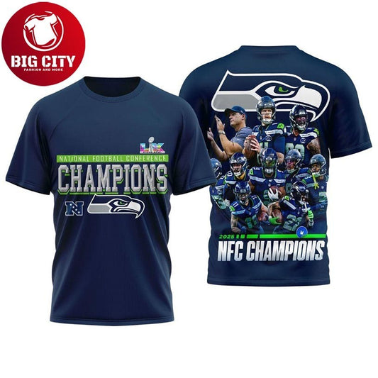 Seahawks 2025 NFC Champions Team Roster Graphic Two Sided Shirt