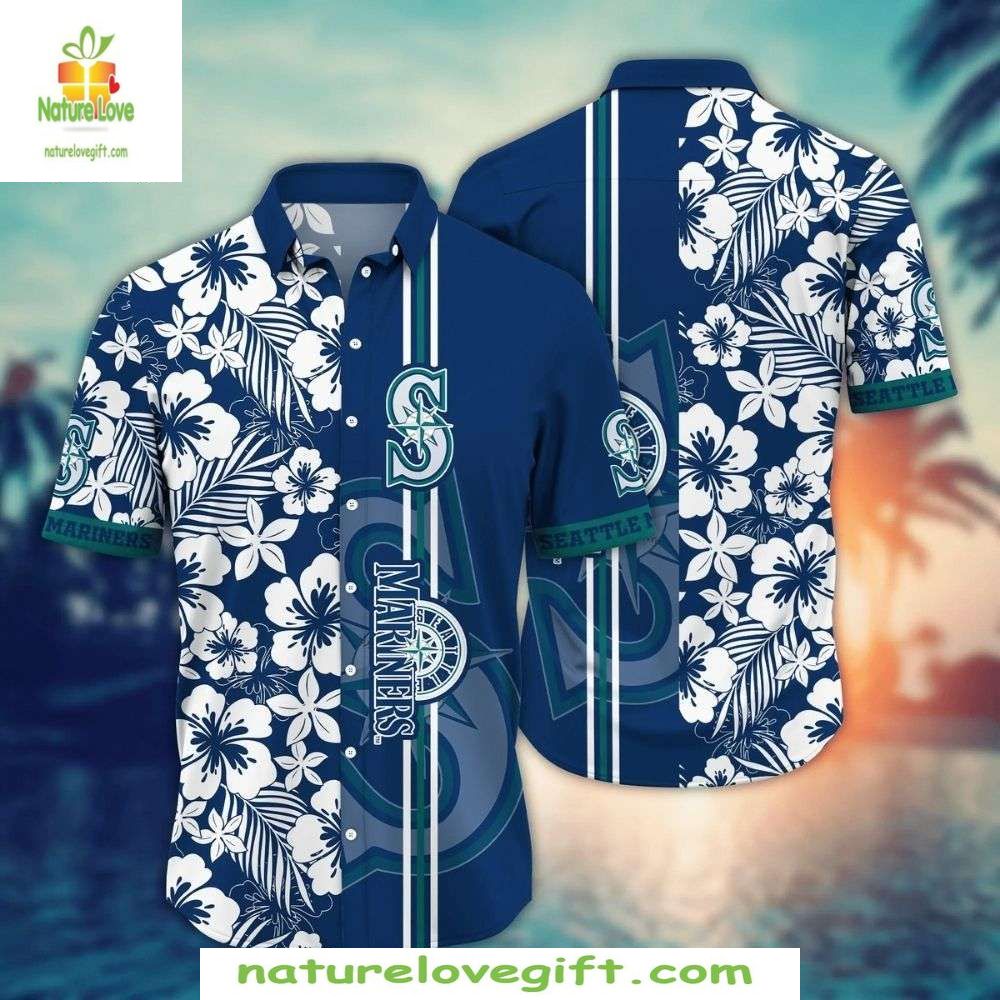 Seattle Mariners Hawaiian Shirt Floral Blue White Baseball Apparel