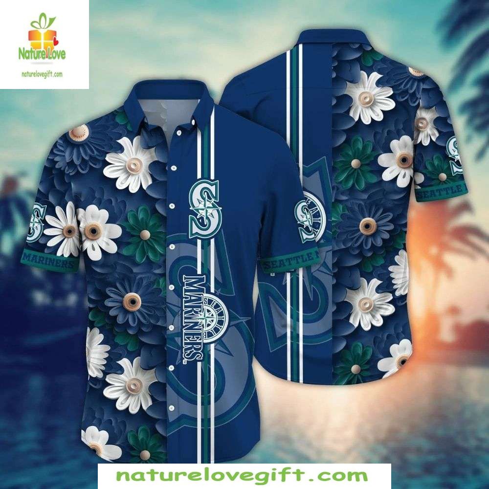 Seattle Mariners Hawaiian Shirt Floral Stripe Navy MLB Baseball Apparel