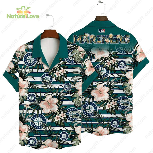 Seattle Mariners Hibiscus Tropical Flowers Stripe MLB Hawaiian Shirt