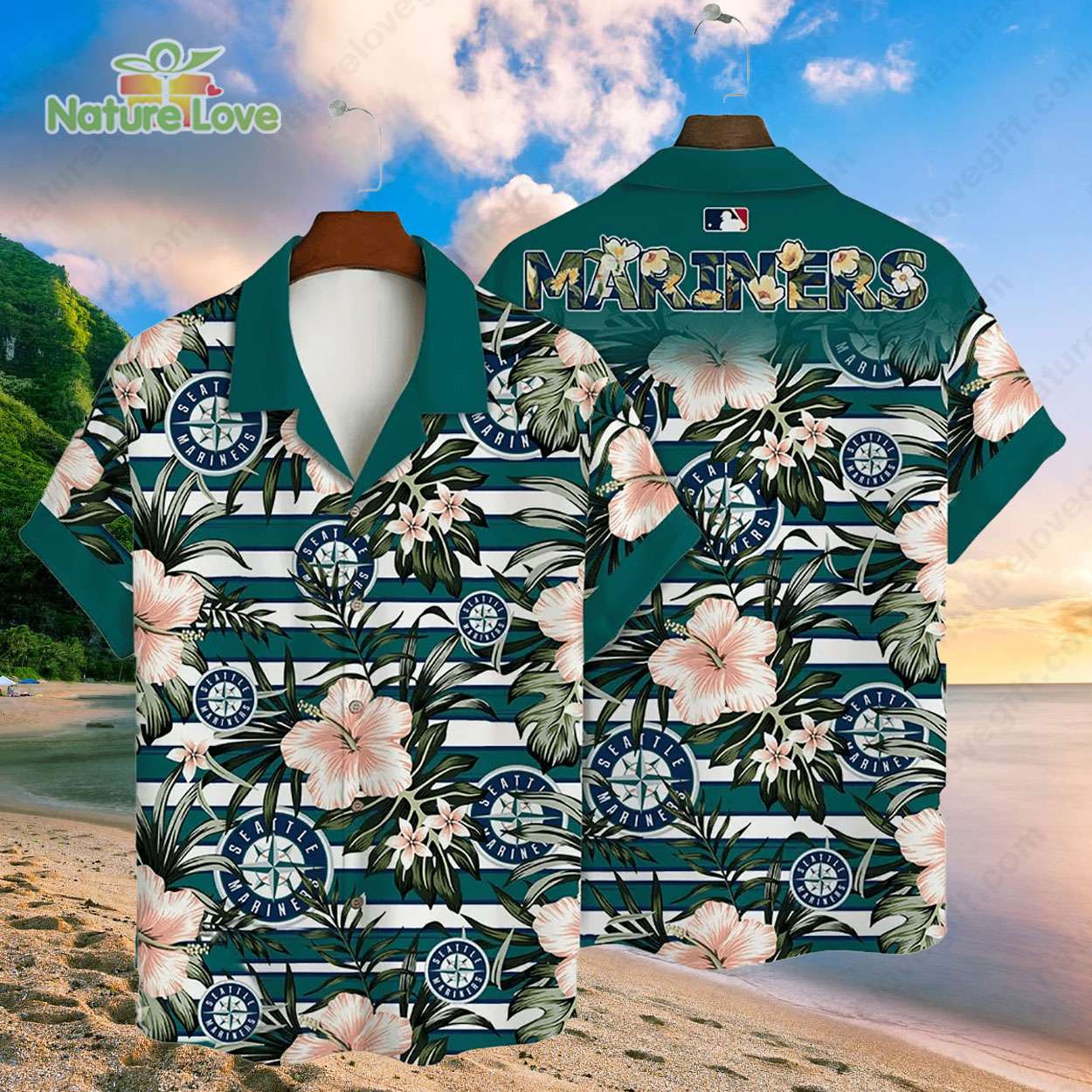 Seattle Mariners Hibiscus Tropical Flowers Stripe MLB Hawaiian Shirt