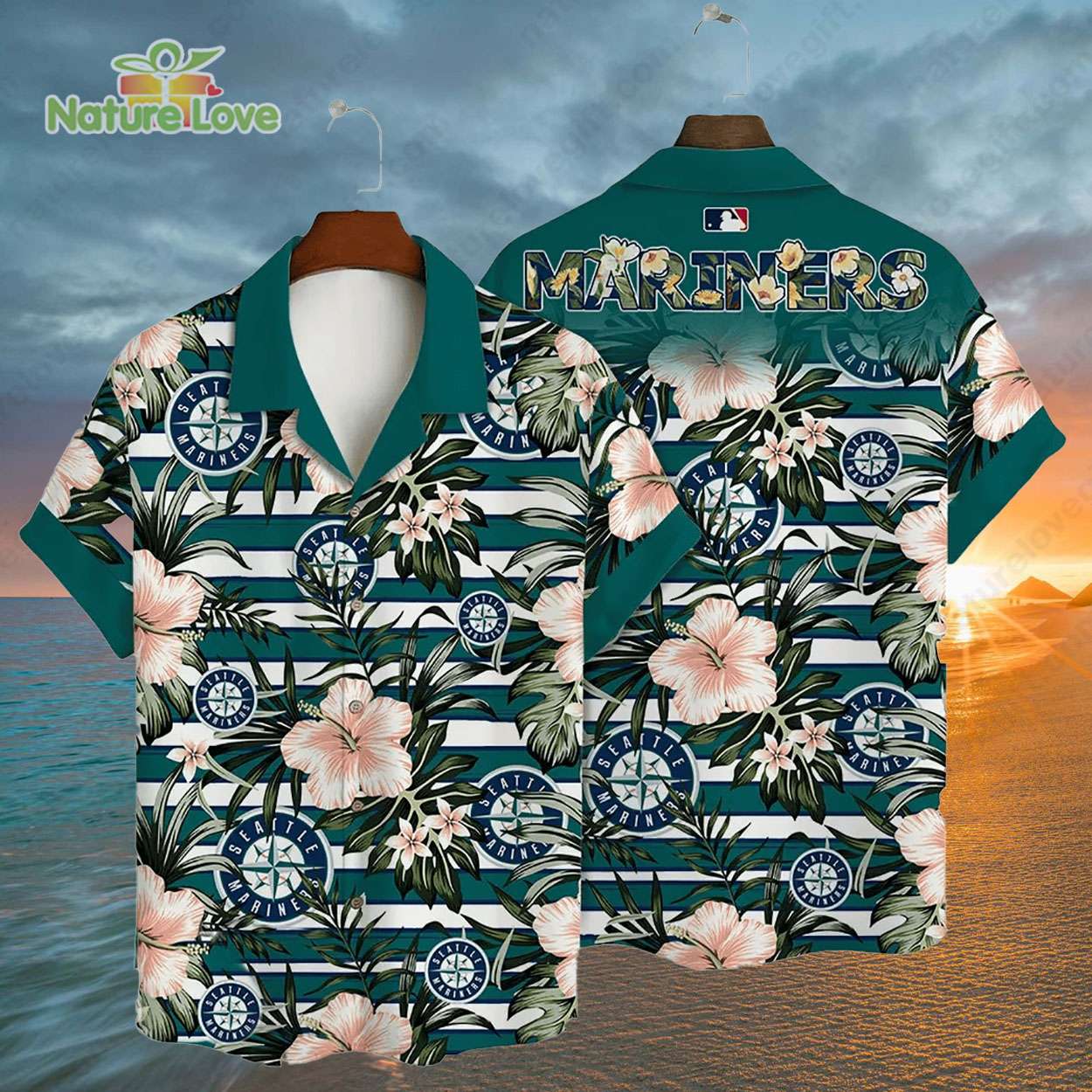 Seattle Mariners Hibiscus Tropical Flowers Stripe MLB Hawaiian Shirt