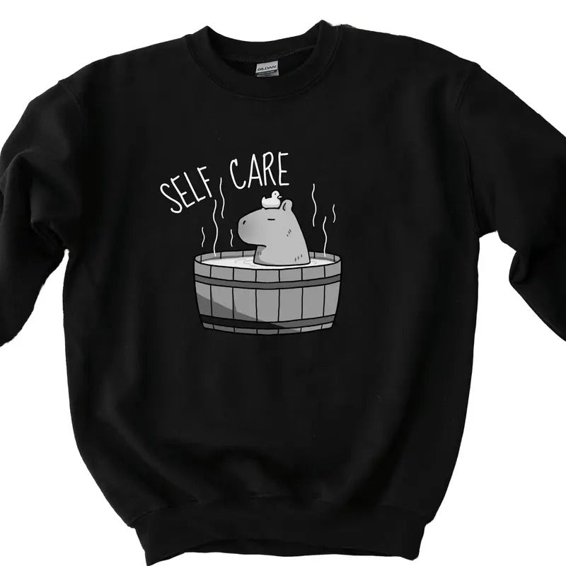 Self Care Capybara Sweatshirt, Funny Capybara Shirt, Homebody Sweatshirt, Gift For Her, Capybara gift Fabric Menswear Classic Cotton