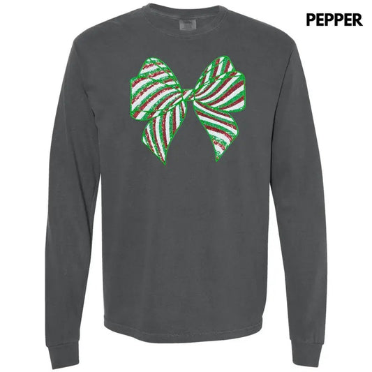 Sequin Red & Green Bow Patch Long Sleeve Comfort Colors T-Shirt Hoodie, Sweatshirt | InkThreadWorks.com