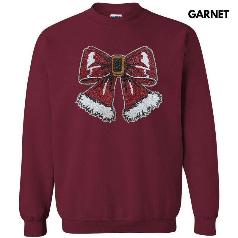 Sequin Santa Bow Patch Sweatshirt T-Shirts, Hoodie | InkThreadWorks.com