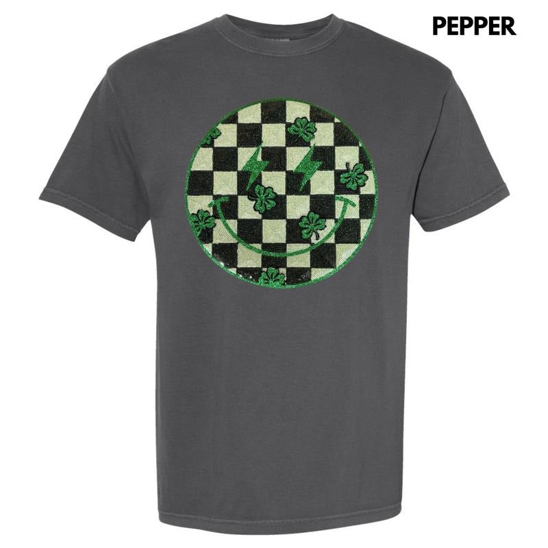 Sequin Shamrock Happy Face Patch Comfort Colors T-Shirt Hoodie, Sweatshirt | InkThreadWorks.com