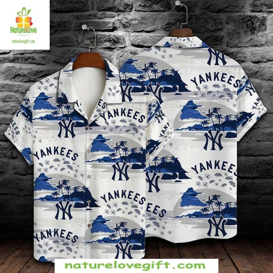 NY Yankees Hawaiian Shirt Serene Sky Tropical Baseball Apparel Cloudy Blue Palms