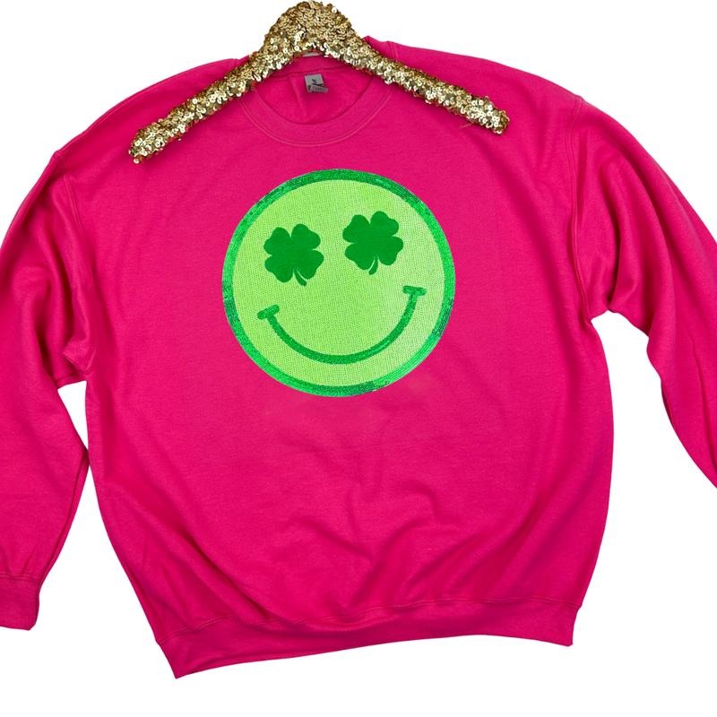 Shamrock Happy Face Patch Gildan Sweatshirt -- HOT PINK