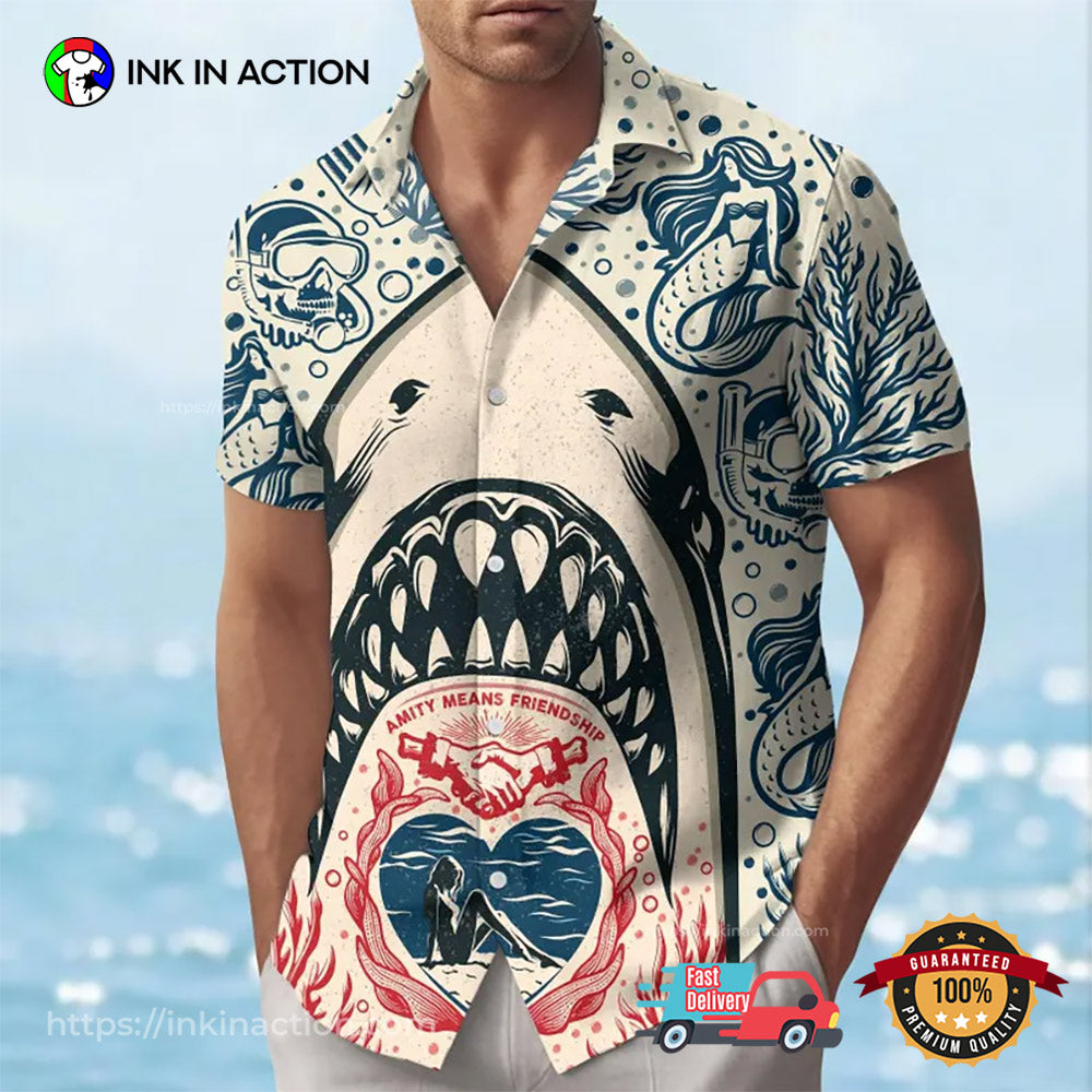 Shark Bite Button Jaws Shark Hawaiian Shirt