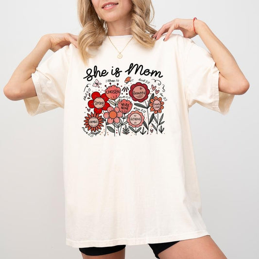 She Is Mom Bible Verse Comfort Colors Shirt, Religious Wildflower Mom T-shirt, Motivational Christian Tee For Mom, Floral...