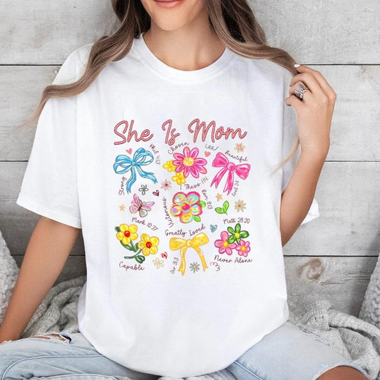 She Is Mom Coquette Bow Christian Mom Mother's Day Tee Pure Cotton Casual Street Style Crew Neck Short Sleeve T-Shirt...