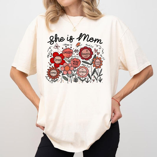 She Is Mom Wildflower Comfort Colors Shirt, Bible Verse Mama Tshirt, Christian Mom Graphic Tee, Mother's Day Gifts for Mom, Cotton Fabric Tops For Women