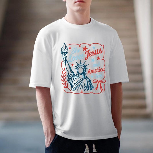 She Loves Jesus And America Too Tee Pure Cotton Casual Style Crew Neck Short Sleeve T-Shirt Tops Trendy for Unisex...