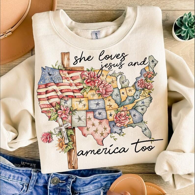 She Loves Jesus And America Too, 4th of july, Independence Day, Christian 4th of July, Jesus Lover America, Jesus Tshirt...