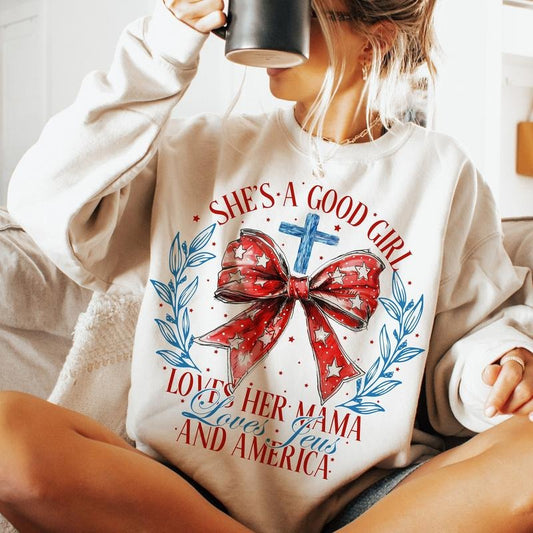 Shes A Good Girl Loves Her Mama Loves Jesus And America Too Shirt, Coquette 4Th Of July Shirt, American Girl Shirt, Jesus Shirt, 4Th Of July Shirt
