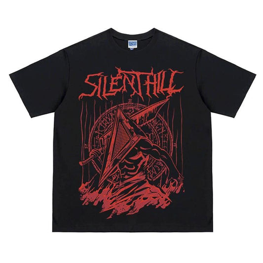 Silent Hill "Scarlet Pyramid Head" Vintage Oversized Tee Game T-shirt 100% Cotton Original Design Men's Top for Fans