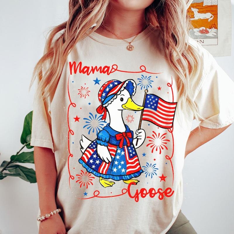 Silly Mama 4th of July Goose Shirt, Silly Goose America Coquette Bows Tee, Fourth Of July Patriotic Goose Mom Gift,...
