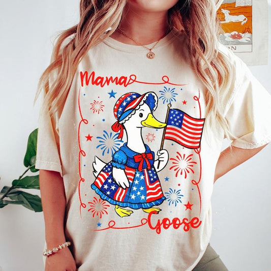 Silly Mama 4th of July Goose Shirt, Silly Goose America Coquette Bows Tee, Fourth Of July Patriotic Goose Mom Gift,...
