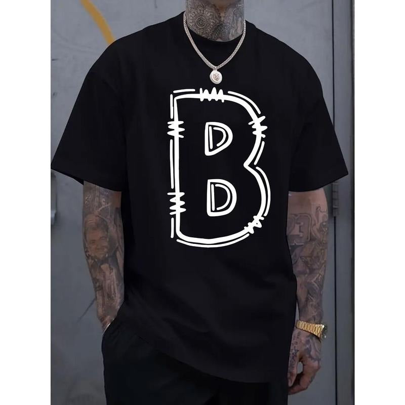 Simple and fashionable men's round neck short sleeved T-shirt with B-letter print, comfortable and breathable casual...